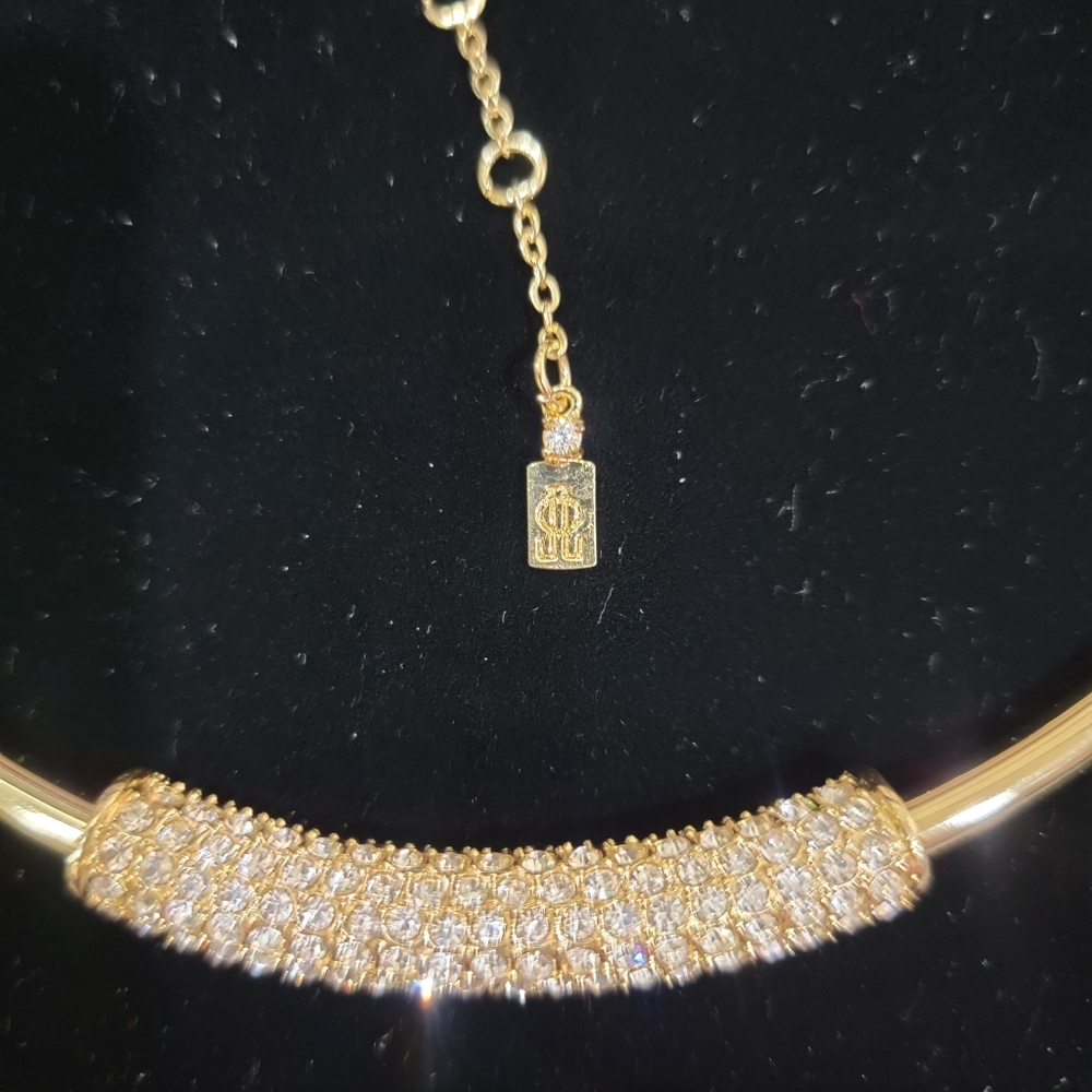 Vintage Designer SignedJ.J. Johanette Gold ToneCubic Zirconia ChokerNecklace - Picture 4 of 11